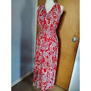 Seven Island Halter Top Red Paisley Print Maxi Dress Chic Boho Hippie Size L